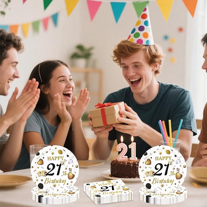 75PCS 21st Birthday Paper Plates and Napkins Party Decorations, 7 Inch White and Gold 21st Birthday Plates Napkins Cheers to 21 Years Tableware Set Party Supplies for Her Him