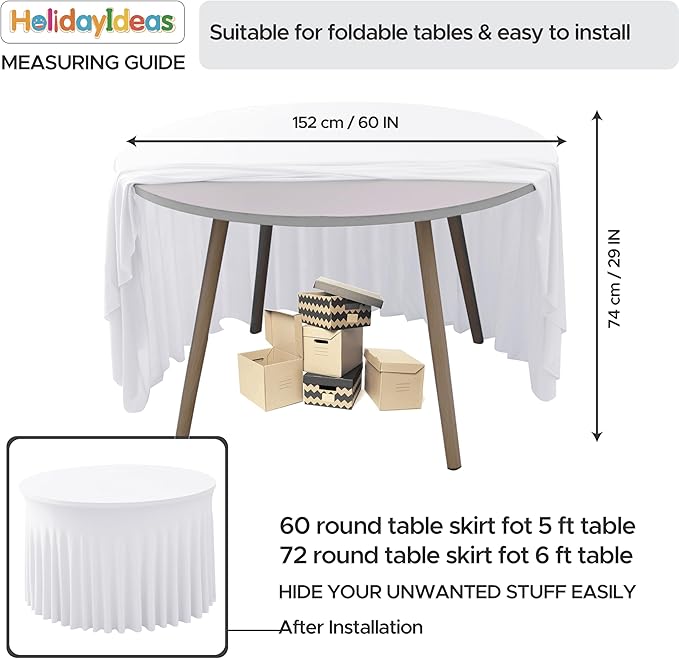 HolidayIdeas White Spandex Round Tablecloths for 60in Wedding Table, 5ft Fitted Stretch Table Skirts 120 Inch, Wrinkle-Free Ruffle Design Tablecloths for Banquets,Trade Shows, Parties, Events, 6 Pack