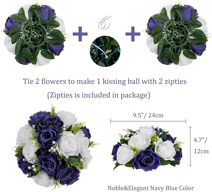 BLOSMON Navy Blue Flowers for Centerpieces: 10 Pcs Artificial Roses Flower Balls for Wedding Table - Fake Silk Kissing Bouquet Floral Arrangement for Home Party Event Decoration