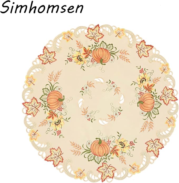 Simhomsen Small Embroidered Fall Autumn Harvest Pumpkins Tablecloth Toppers for Thanksgiving (Round 34 inches)
