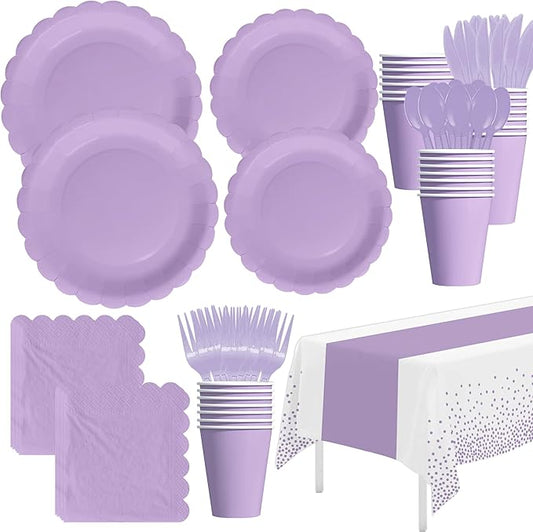 Purple Party Decorations Supplies Tableware, Light Purple Plates And Napkins, Tablecloth Printed Table Runner, Cutlery, for Birthday Baby Bridal Shower Wedding Anniversary, Serves 24