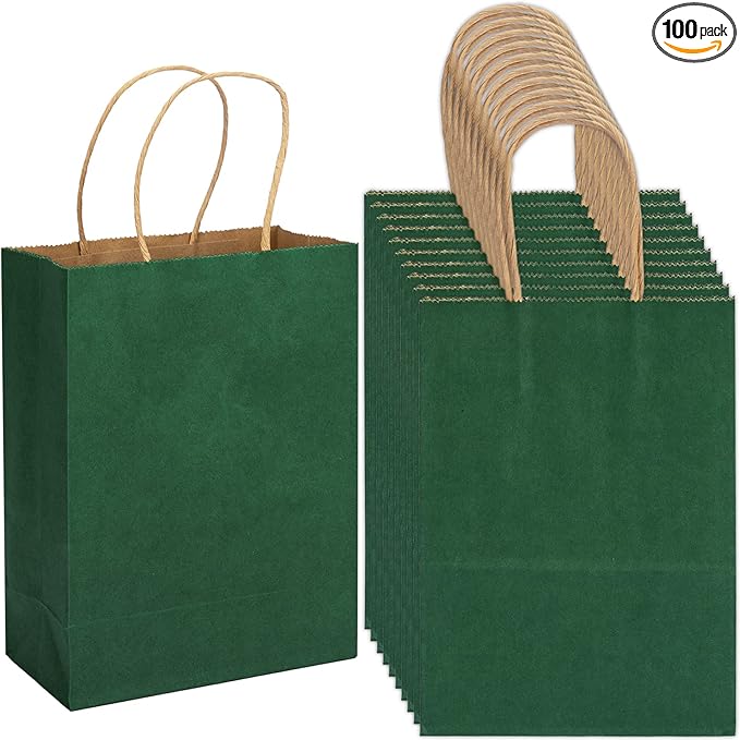 100 Pack 5.9x3.15x8.26 inch Small Green Gift Bags, Kraft Bags with Handles Bulk for Birthday Party Favors,Gift Paper Bags,Retail Shopping Business Goody Craft Gift Bags