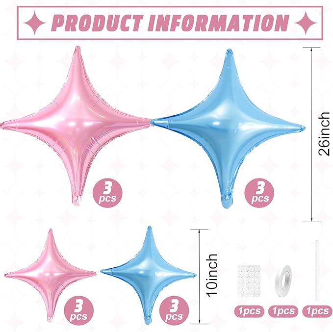 Pink Blue Star Balloons,12Pcs Four Angle Star Foil Balloons,26Inch and 10Inch Light Pink Blue Quadrangle Helium Balloon for Birthday Anniversary Party Decorations