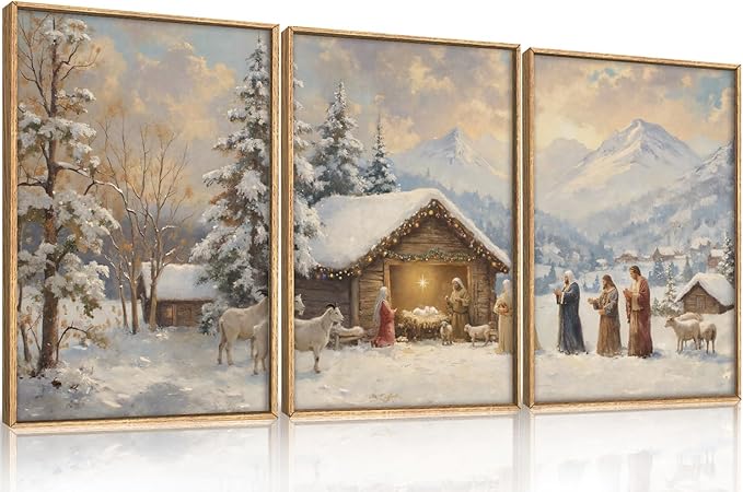 HOURIA Christian Christmas Nativity Framed Canvas Wall Art Set,Religious Mary Joseph & Jesus Christ Biblical Decor,Holy Family Star of Bethlehem Winter Artwork for Living Room,Church,Holiday-24"x36"x3