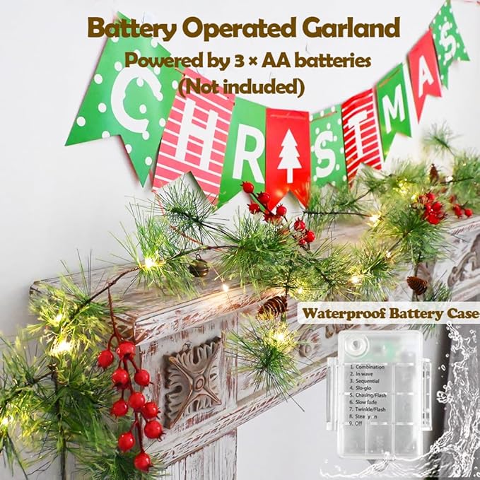 Christmas Garland Lights 6.56 FT Smokey Pine Garland with 30 LED Fairy Lights Battery Operated Garland Lights with Red Berries Bells Pine Cones Christmas Indoor Home Decorations