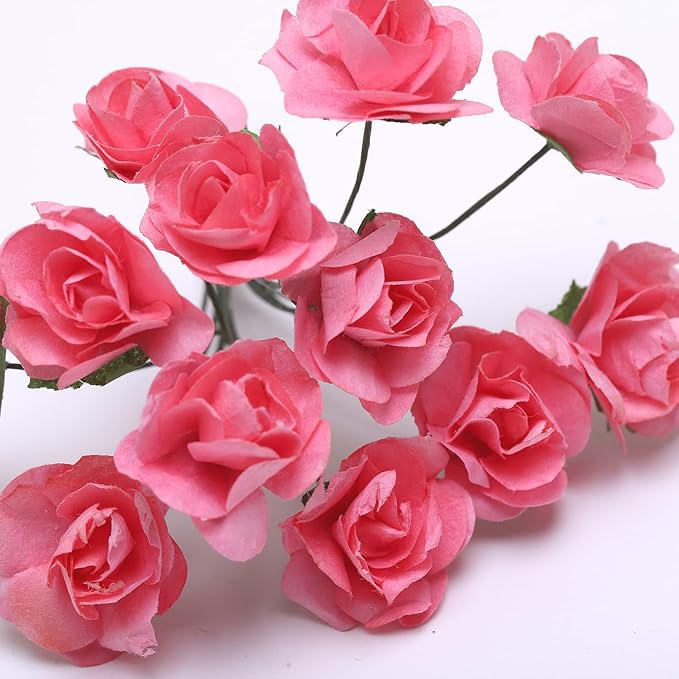 144pcs Mulberry Paper Mini Roses Artificial Flowers Heads with Stems for DIY Crafts Accessories Make Bridal Hair Clips Headbands Dress Wedding Bridal Bouquets Party Home Decor Valentine's (Blush Pink)