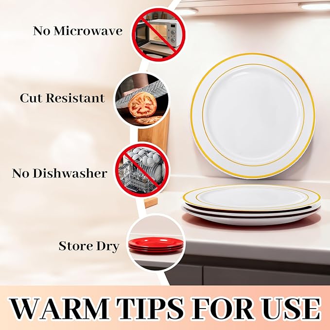 MENDENG 50PCS Gold Rim Plastic Plates for Party, 25x10.25 Dinner Plates & 25x7.5 Dessert Plates, Heavy Duty Disposable Plastic Plates for Wedding Party Thanksgiving Birthday