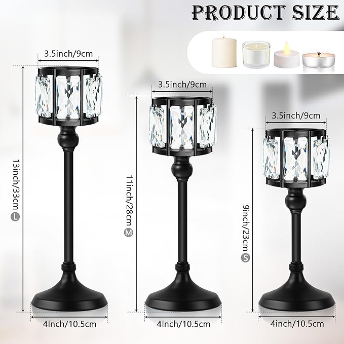 Crystal Tealight Candle Holders Set of 6 (9''/11''/13'') - Elegant Metal & Glass Centerpieces for Stunning Home Decor（ Balck