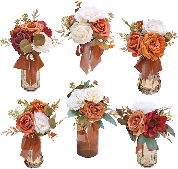 Marriwise Set of 6 Assorted Wedding Flower Centerpieces Pre-Made Mini Bridesmaid Bouquets Artificial Flower Terracotta Table Decor for Fall Wedding Decorations Shower Home Decor