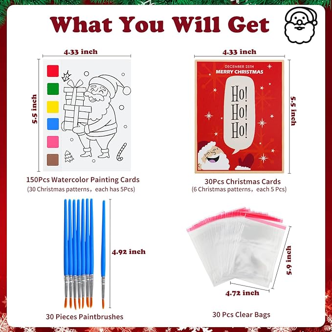 Rotu Christmas Party Favors for Kids - Stocking Stuffers for Kids - Christmas Gifts for Kid, Watercolor Coloring Books with Xmas Cards, Xmas Crafts Classroom Prizes Paint Set, 30 Pack(240 PCS)