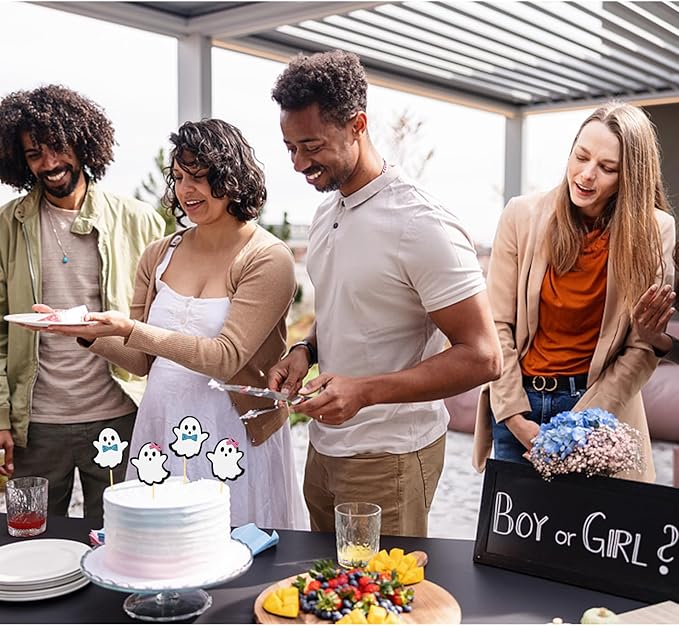 24 Pcs Halloween Ghost Cupcake Toppers, Boy and Girl Gender Reveal Cupcake Picks, Pink Blue Halloween Cake Topper Halloween Baby Shower Party Decorations for Halloween Birthday Party Decor (B/G-0)