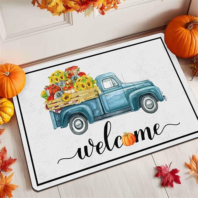 InterestPrint Happy-Thanksgiving Welcome Door Mat, Fall Truck Harvest Pumpkin Doormat for Front Door Outdoor Outside Entrance Porch Non Slip Rubber Rug Autumn Thanksgiving Farmhouse Decor