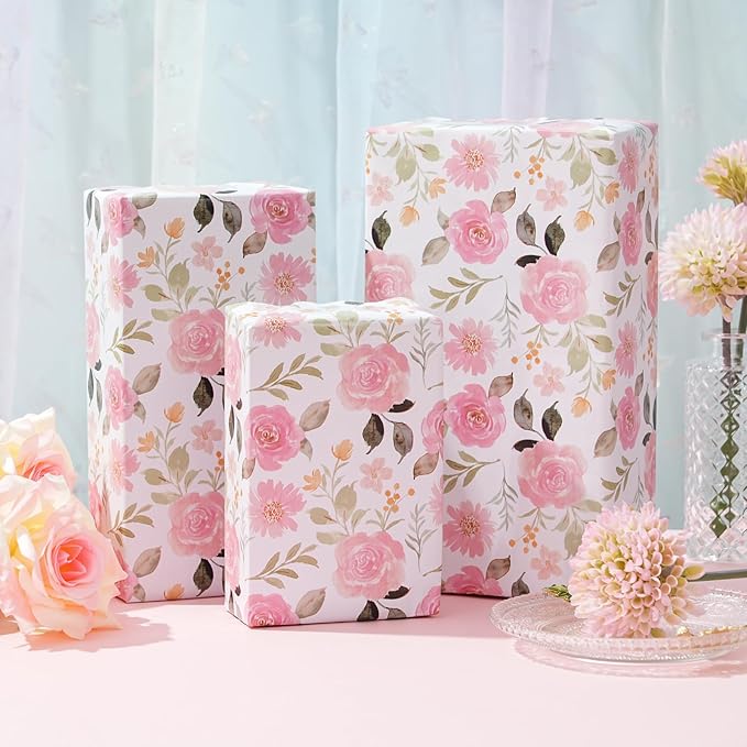 ZINTBIAL Pink Floral Wrapping Paper Roll - Watercolor Roses and Light green leaves Design, 17 Inches x 16.5 Feet, Gift Wrap for Wedding, Bridal Shower, Birthday, Mother's Day, Cut Lines on Back