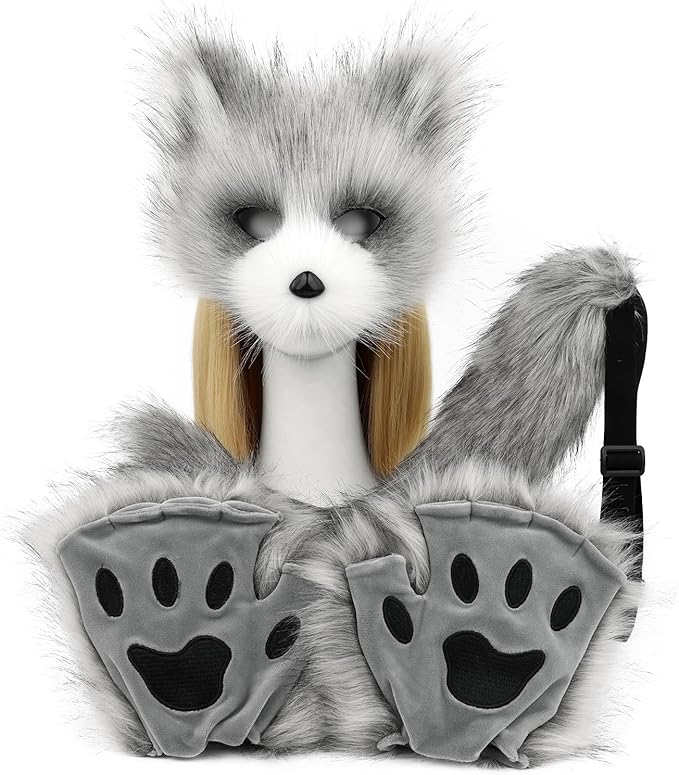 HAOAN Furry Fox Mask Wolf Fox Tail and Paw Gloves Set Adult Cat Halloween Mask Cosplay Animal Party Costume