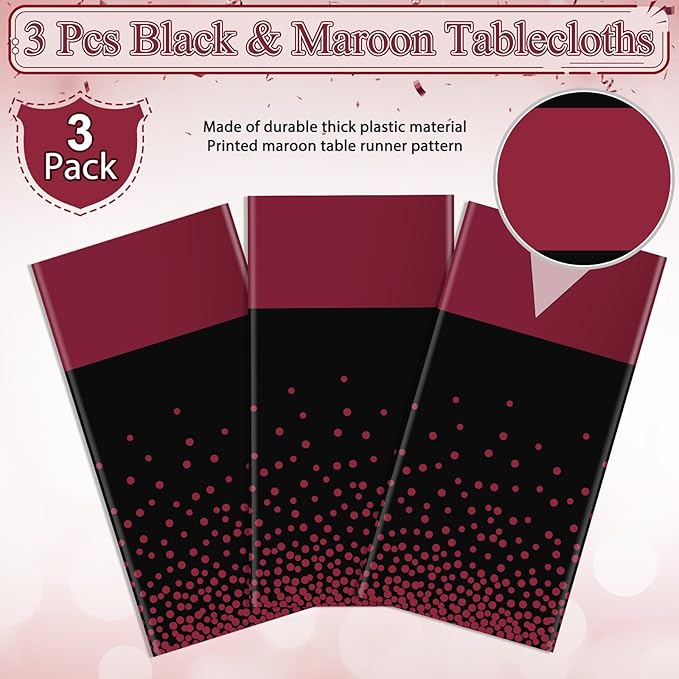 3Pcs Black and Maroon Tablecloth Party Decorations,Plastic Black Table Cloth Printed Maroon Table Runner Disposable Rectangle Table Cover for Birthday Wedding Graduation Anniversary Party,54x108Inch