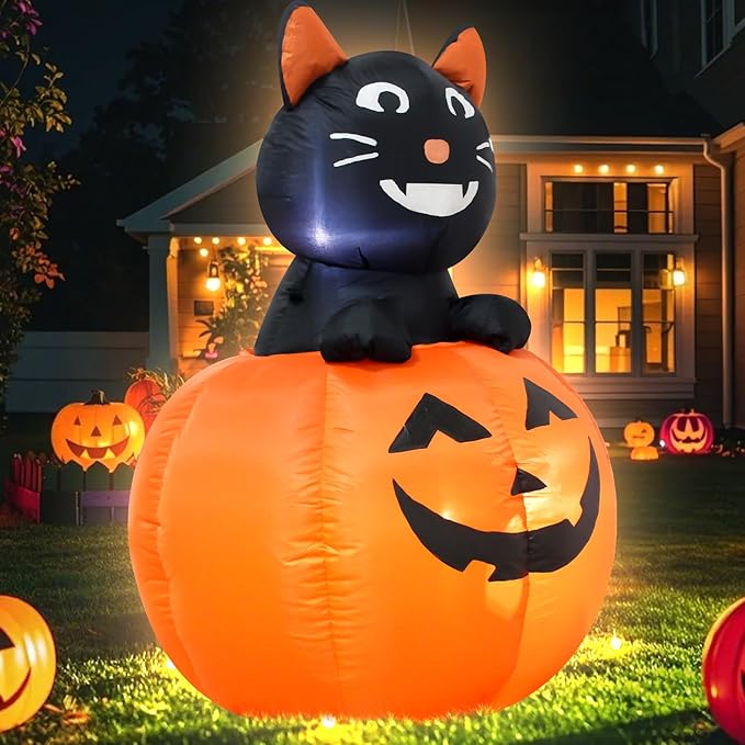 4FT Black Cat Halloween Pumpkin Inflatable Decoration Blow up Decoration with LED Lights Indoor Outdoor Yard Graden Holiday Party Decor