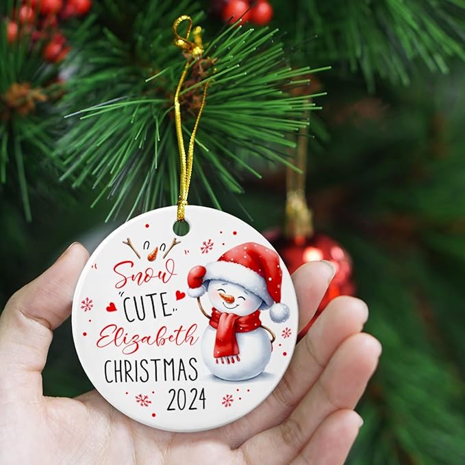 Personalized Snow Cute Christmas Ceramic Ornament, Snowman Wearing Santa Hat, Holiday Keepsakes Gifts for Baby Boy Girl Kids, Custom Name & Year for Xmas Tree