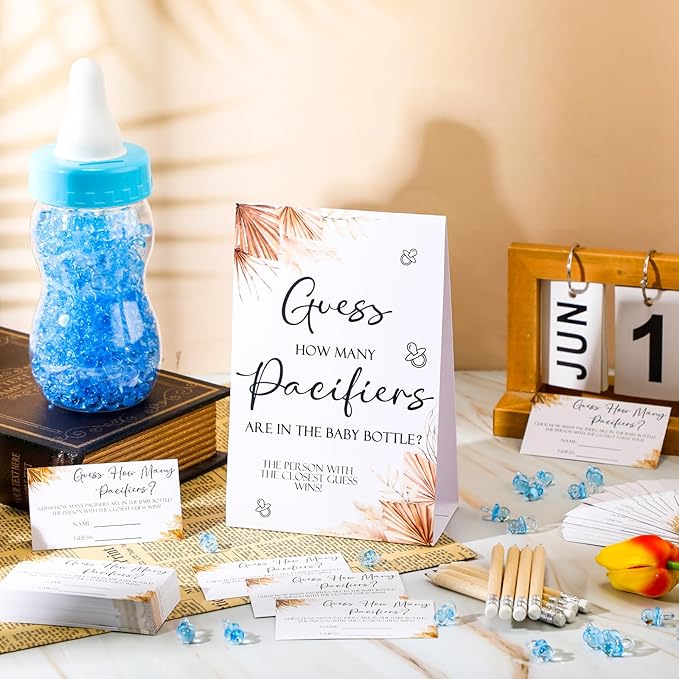 Roowest 512 Pcs Baby Shower Games Guess How Many Pacifiers Sign 100 Small Guessing Games 10 HB Pencils 750ml Milk Bottle 400 Acrylic Pacifiers Decoration for Guest Gender Reveal(Blue,Boho)