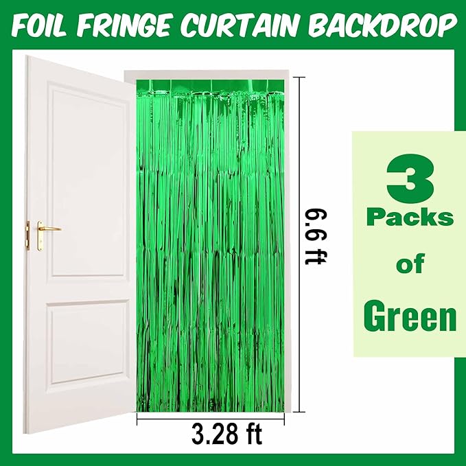 3 Pack Green Foil Fringe Curtains Backdrop, 3.28 x 6.6 Ft Metallic Streamers Tinsel Curtains Background for Photo Booth, Birthday, Halloween, Christmas, Thanksgiving, New Year Party Decorations