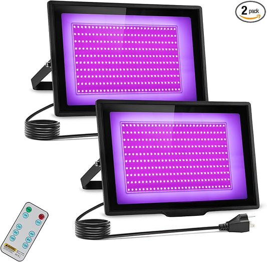 2 Pack 300W LED Black Light IP66 Waterproof,Blacklight with Plug and Switch,Flood Light for Glow Party,Halloween Decoration, Body Paint, Fluorescent Poster, Stage Lighting,Neon Glow,5.25Ft Cord