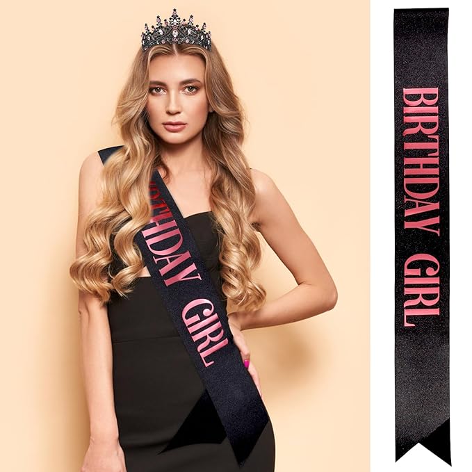 Velscrun Pink-Black Crystal Birthday Tiara Crowns for Women Girls Elegant Princess Crown with Combs Birthday Girl Headband Sash Happy Birth Party Decorations Birth Gift Hair Accessories