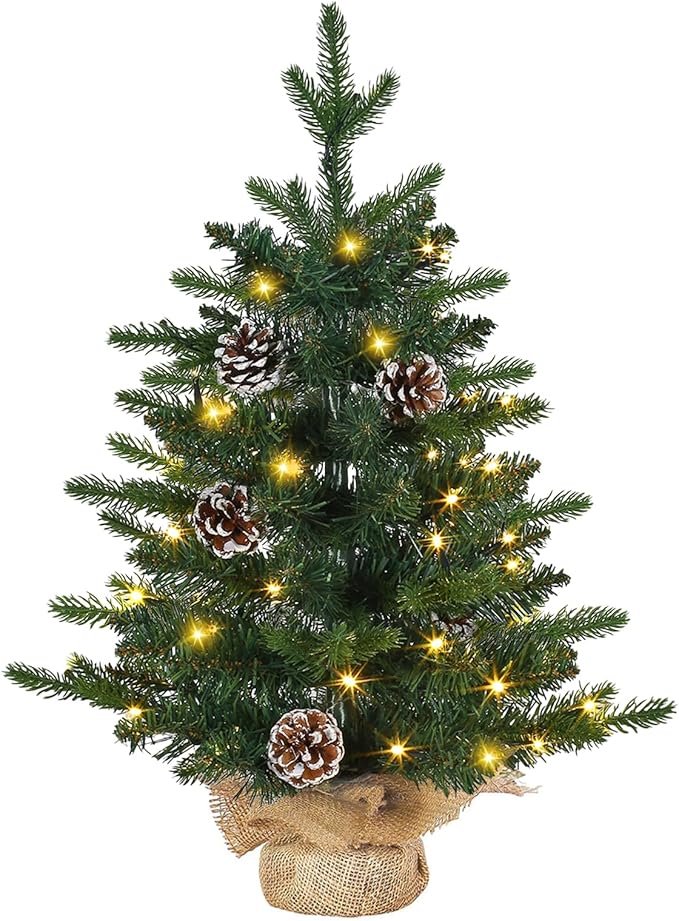 Joyhalo 2ft Small Christmas Tree with Lights Warm White, Pre Lit Table Top Christmas Tree, 61 Branches Mini Xmas Tree with Pine Cones for Room Office Classroom Decoration