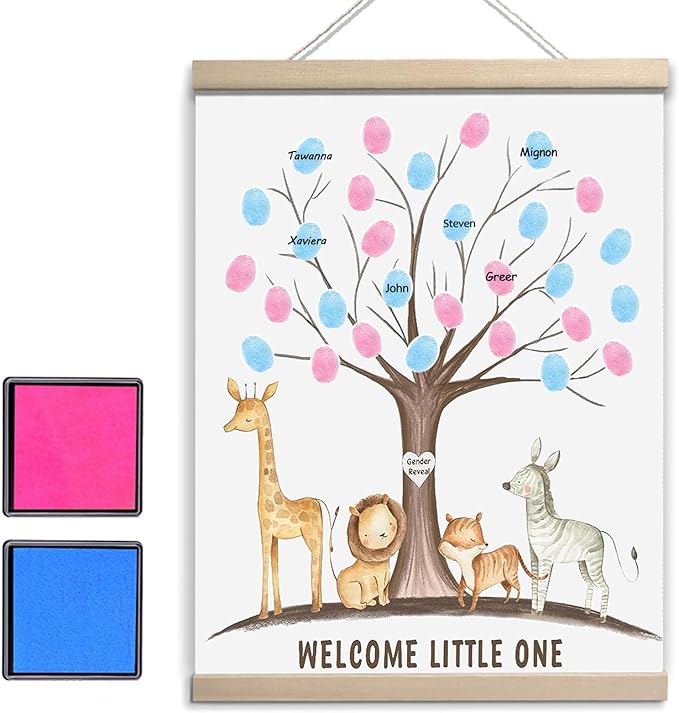 QZCYU Gender Reveal Party Decorations, Gender Reveal Fingerprint Tree with Safari Animals, Baby Shower Guest Book, Canvas Thumbprint Hanging Paintings
