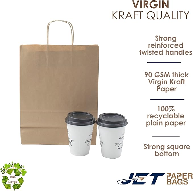 JET PAPER BAGS - 10”x5”x13” Inch [250 Pcs] Brown Paper Bags with Handles Prime for Takeout, Grocery, Goody, Retail, Party, Gifts, Weddings - Recyclable Kraft Paper Gift Bags with Handles