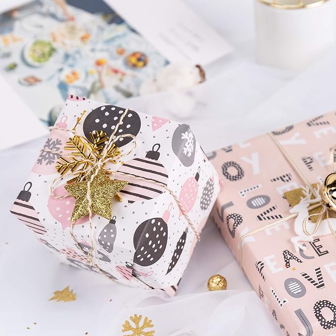 WRAPAHOLIC 30 Inch Christmas Wrapping Paper Roll - Jumbo Roll Rustic Kraft Pink and Grey Christmas Set for Holiday, Party Deco - 4 Rolls - 30 Inch x 120 Inch Per Roll