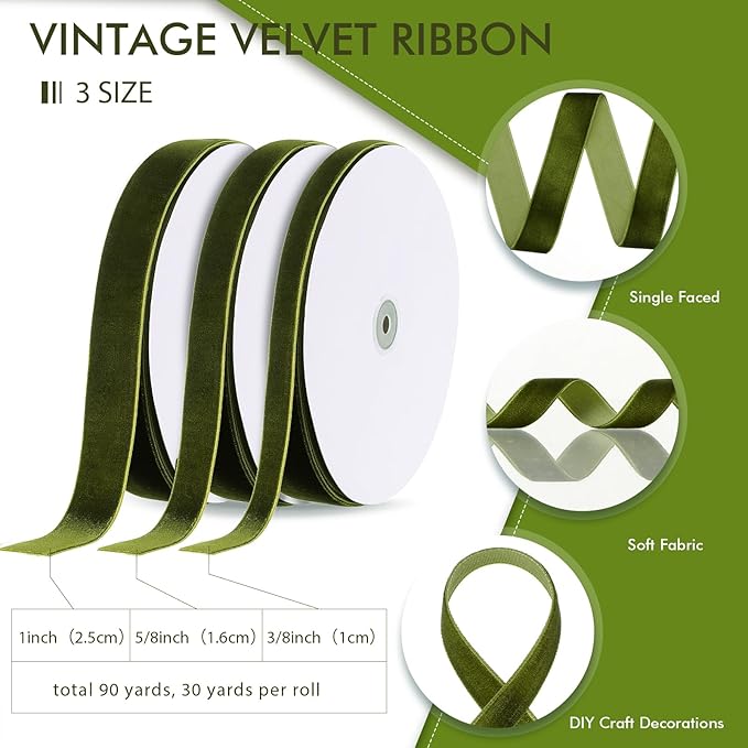 Yilloog 3/8'' 5/8'' 1'' 90 Yards Christmas Velvet Ribbon Vintage Satin Fabric Velvet Ribbon Roll for Christmas Tree Ornaments Decoration Gift Wrapping Bow DIY Crafts (Olive Green)