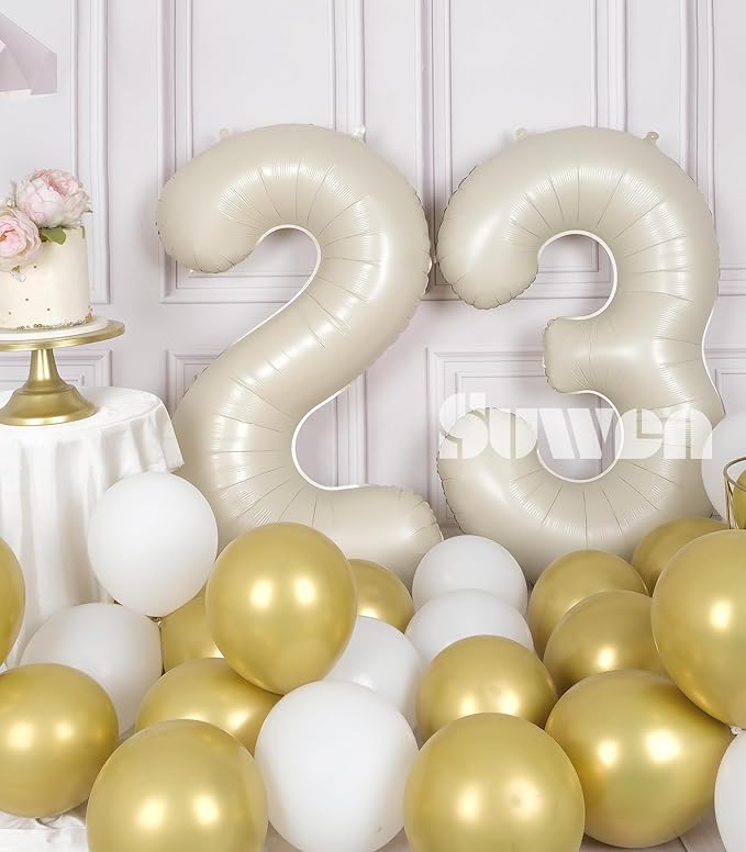 SUWEN 40 Inch Large Cream White 32 Balloon Numbers Big Foil Helium Number Balloons 0-9 Jumbo Happy 32nd Mylar Birthday Party Decorations for Women or men 23 Anniversary Party Supplies