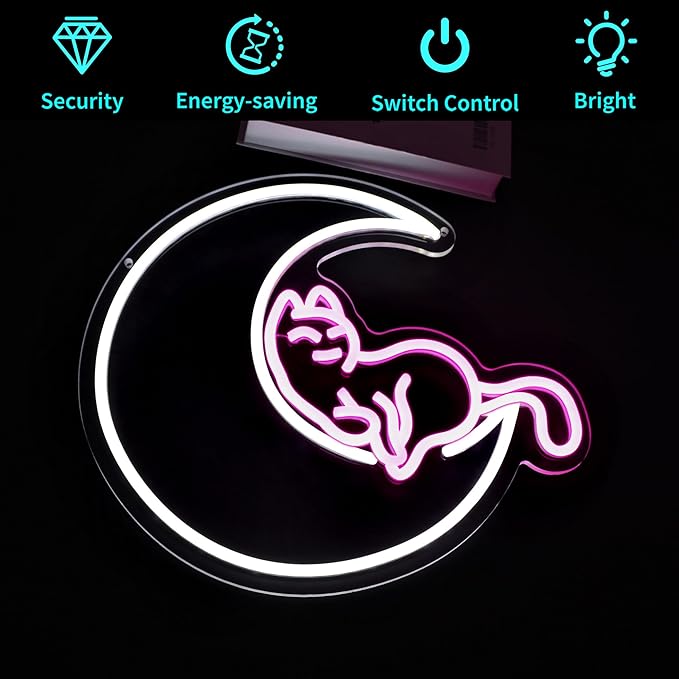 Neon Sign, HSJNJKFU Moon Cat Neon Signs for Wall Decor White Pink LED Cat Signs for Man Cave Room Home Party Birthday Beer Signs - Neon Light USB Powered