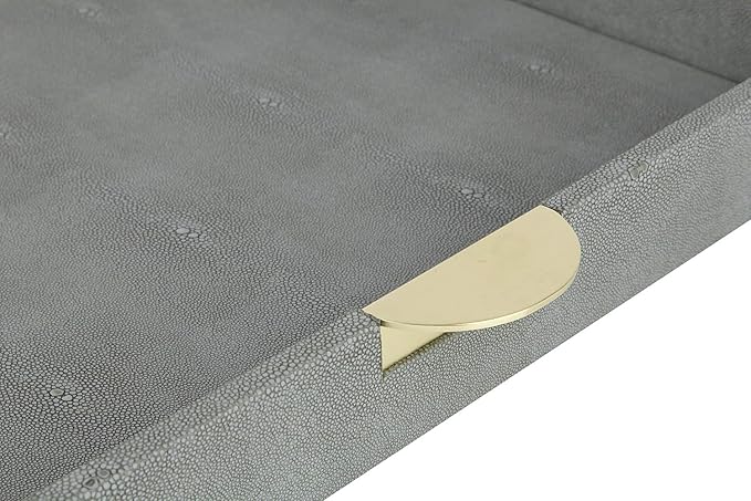 HofferRuffer Faux Leather Decorative Serving Tray, Elegant Coffee Table Ottoman Tray, Breakfast, Drinks, Liquor Serving Platter, Dark Grey Shagreen Finish with Gold Hardware Handle (Square)