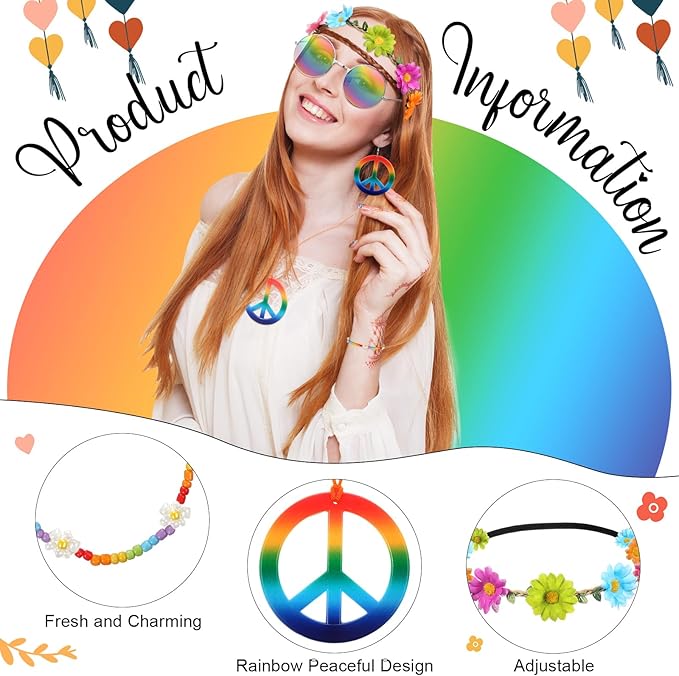 Batiyeer 6 Pcs Hippie Costume Accessories Set, Boho Peace Sign Daisy Flower 60s 70s Party Favors Decor for Groovy Party Women(Rainbow)