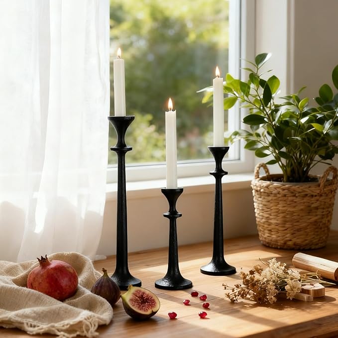 Black Taper Candle Holders Set of 3 Heavy Cast Iron Black Candlestick Holder for Table Centerpiece Modern Decorative Tapered Candle Stand Tall Set for Home Decor Fireplace Wedding Halloween Christmas