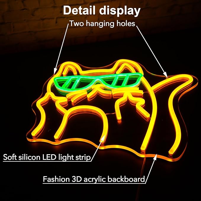 Cat Sunglasses Neon Sign - Cartoon Cat LED Wall Light/USB Powered, Hanging Kit Included/Edgy Decor for Teen Bedrooms, Urban Cafes & Fashion Stores