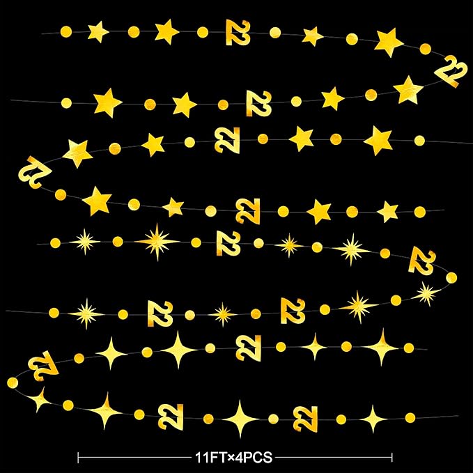 Gold 22nd Birthday Decorations Number 22 Circle Dot Star Garland Streamer Bunting Banner Backdrop for Women Mens Feeling 22 Twenty Two Years Old Birthday Happy 22th Anniversary Party Supplies