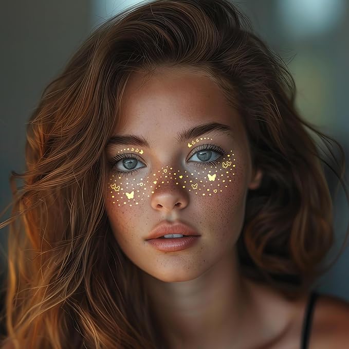 12 Pcs Gold Glitter Freckle Face Tattoo, Glitter Freckles Metallic Face Temporary Tattoo Sticker, Sparkle Makeup Patches Waterproof Gold Freckles Face Tattoos Stickers for Women Girls Party Decor 654