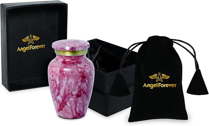 Small Keepsake Urn for Human or Pet Ashes – Handcrafted Light Red Marble Mini Urn with Velvet Bag & Gift Box | Durable Metal Memorial Token Jar for Baby, Infant, Pet or Loved One – 3 Cu in