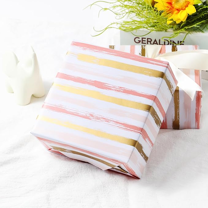 Miss DuiDui Birthday Gift Wrapping Paper Roll - 17 inch x 32.8 Feet - Pink Golden Stripes Design for Girl Boys Kids, Party, Birthday, Baby Shower, Holiday, Wedding
