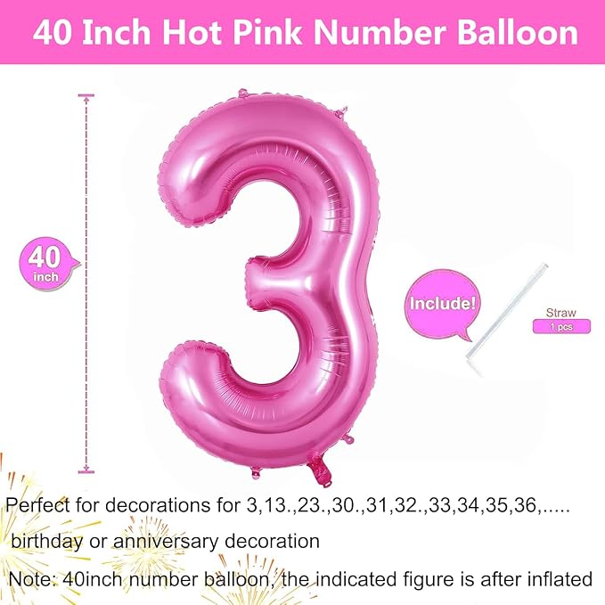 Pink Number Balloons, Large Hot pink Number 3 Balloon 40 Inch Pink 3 Balloon for Men Women Boys Girls 3rd Birthday Party Decoration