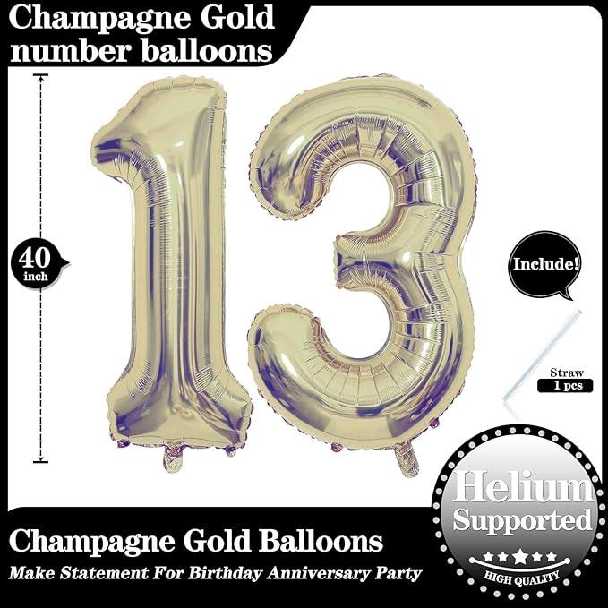 Champagne Gold 13 Number Balloons, 40 Inch Giant Number 13 Balloons Foil Mylar Helium Light Gold Number Balloons for 13th Birthday Party Supplies Anniversary Event Celebration Decorations