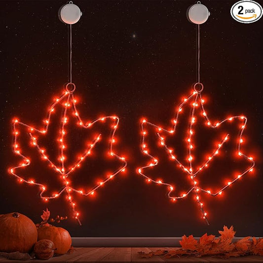 BlcTec Thanksgiving Window Lights 2 Pack 10Inch Maple Leaves Lights with Suction Cups, Timer, Battery Operated Metal Frame Window Lights for Fall Harvest Thanksgiving Decorations, Red