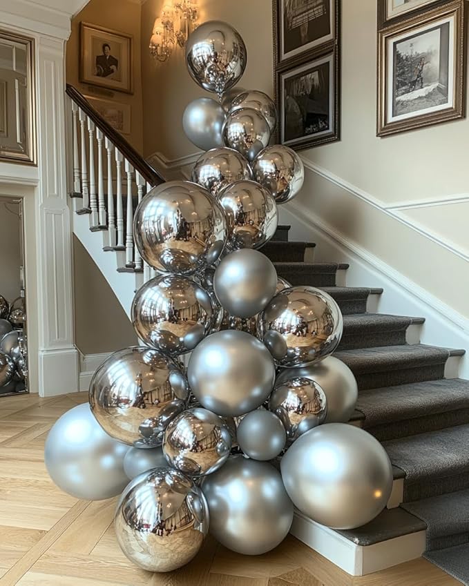 Bezente Pro Duralatex Metallic Silver Balloons - 3.2g Premium 100 Pack 12 inch Silver Balloons for Long-Lasting Professional Party Decorations, Large Birthday Wedding Anniversary