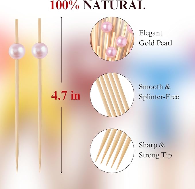 CATIFLIN 300PCS Pink Pearl Cocktail Picks, 4.7" Bamboo Toothpicks for Appetizers, Fancy Food Sticks for Party, Wedding, Charcuterie, Fruit, Dessert, Drinks, Buffet Decor