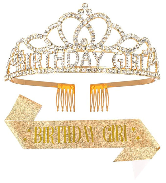 Birthday Tiara and Crown with Sash for Women, Hair Accessories for Wedding Party Costume (A1)