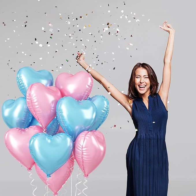 Pink Blue Heart Balloons, 18 Inch Pastel Blue Pink Foil Heart Balloons Pearl Pink Blue Heart Shape Mylar Balloons Baby Blue and Pink Party Balloon for Baby Shower Gender Reveal Birthday