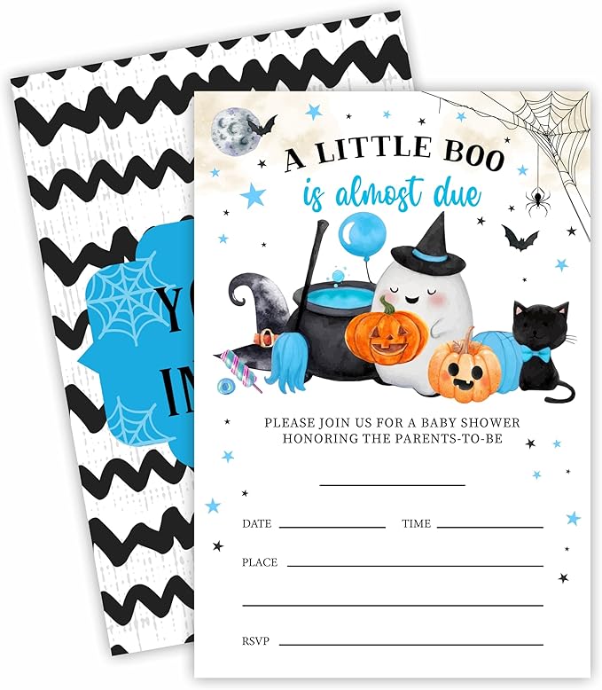 25 Halloween Baby Shower Invitation Cards, A Little Boo Is Almost Due, Adorable Halloween Elements Invites With Envelopes, Gender Reveal, Baby Announcement Party Favor & Supplies (Blue A09)