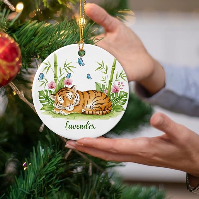 Baby Tiger Ceramic Ornament, Personalized Choose Name Tiger Lover Ornament, Gift for Son Daughter from Dad Mom, Customized Wildlife Ornaments, Tigers Animal Christmas Decoration, Safari Keepsake
