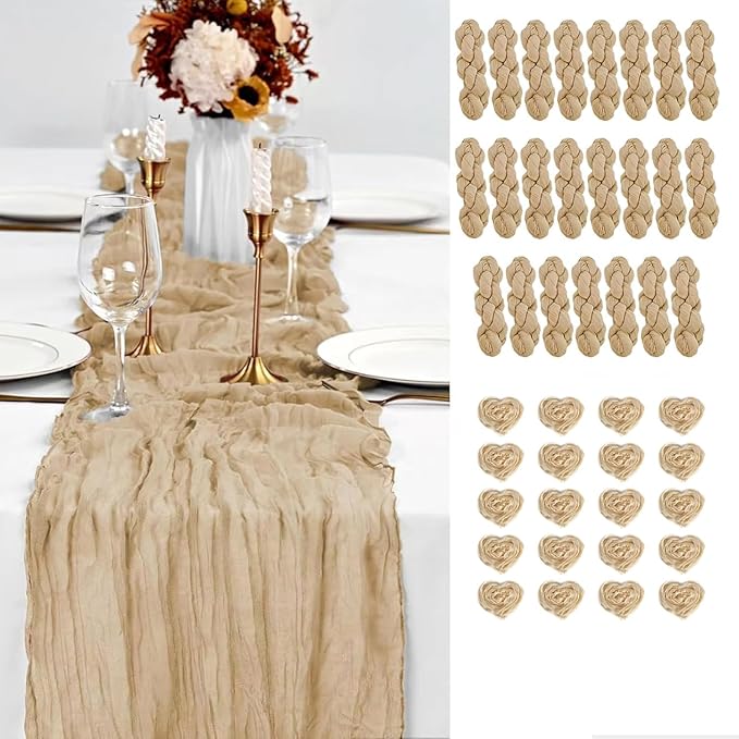 20PCS Grape Cheesecloth Table Runner 10ft Boho Gauze Fabric Cheese Cloth Table Runner Comes with 20 Cloth Napkins Runner for Romantic Wedding Birthday Shower Party Table Decoration